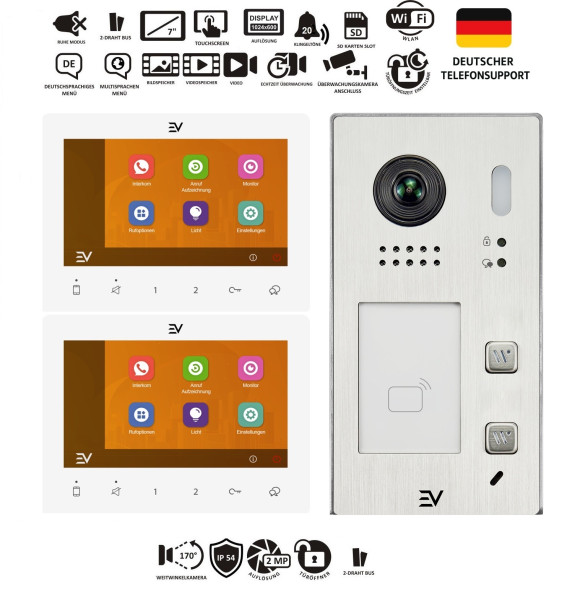 EV Türsprechanlage Komplettset mit EV622-S2 Aufputz-Außenstation,2 EV-7G-WS Touchmonitoren in Weiß und PC9 Hutschienen-Trafo zur Stromversorgung.